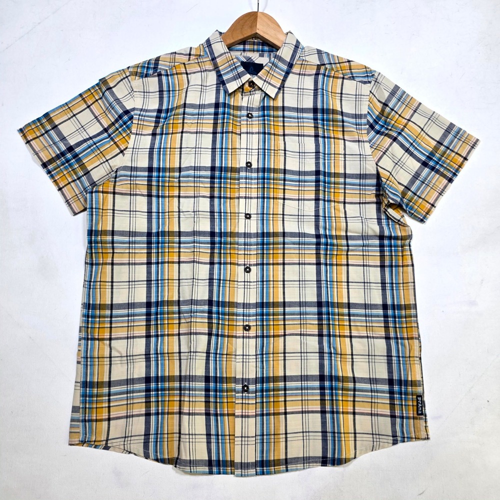 Prana Shirt Mens Large Yellow Blue Plaid Short Sleeve Button Down Hiking Casual